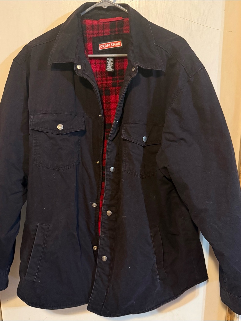 Craftsman Black Men’s Shirt Jacket with Red Plaid Lining